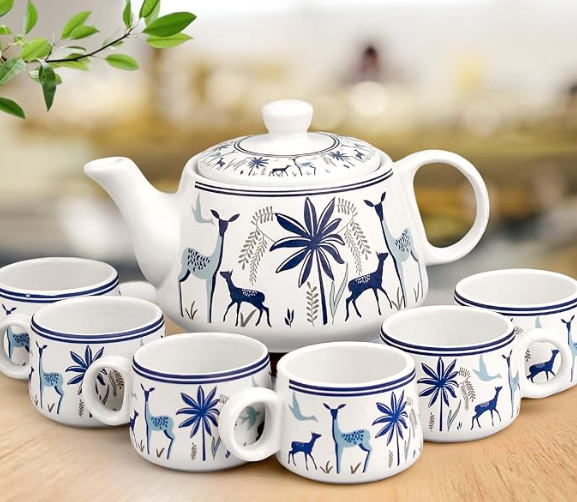 The Earth Store Handcrafted Ceramic Stag Blue Tea Cup Set with Kettle Microwave and Dishwasher Safe 6 Tea Cups & 1 Kettle