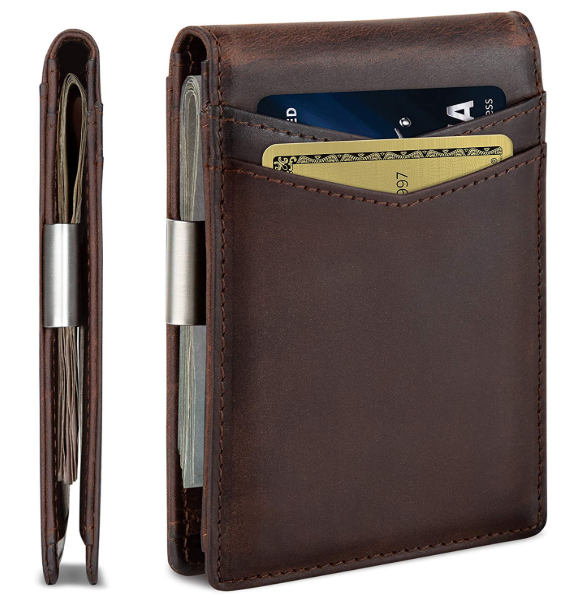 Contacts Genuine Leather Money Clip Wallet Slim Front Pocket RFID Blocking Card Holder Minimalist Mini Bifold for Men's