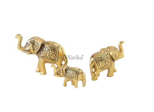 Set of 3 Metal Trunk Up Elephant Family Statue Showpiece Figurine -Fengshui Vastu Lucky - Decorative Items for Home Living Room Decor Living Room Office Desktop