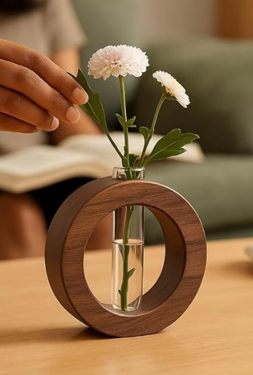 Decorative Glass Test Tube with Donut Wooden Holder Vase for Flower Plants Home Decor Office Living Room Bedroom Table Gifts Decoration Items