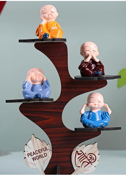 et of 4 Adorable Buddha Monk Figurines With Wooden Stand For Peaceful Home Decor & Office Decor, Special Gifting, Ideal for Living Room,