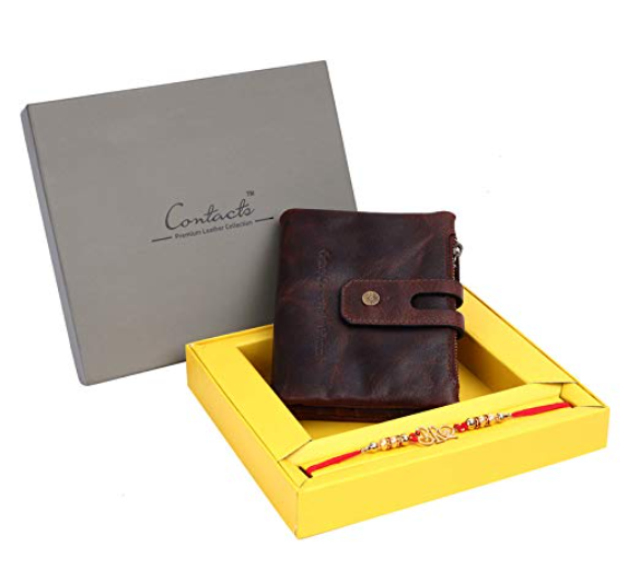 Genuine Leather Wallet with Rakhi Gift Set Combo | RFID Blocking Wallet for Men| 14 Card Slots, 1 ID Window | 2 Zipper Compartments