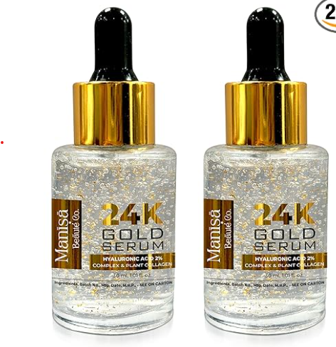 Manisa Beaute 2% Hyaluronic Acid 24K Gold Face Serum for Hydration & Glow | Ideal for Dry Skin (Pack of 60ml)